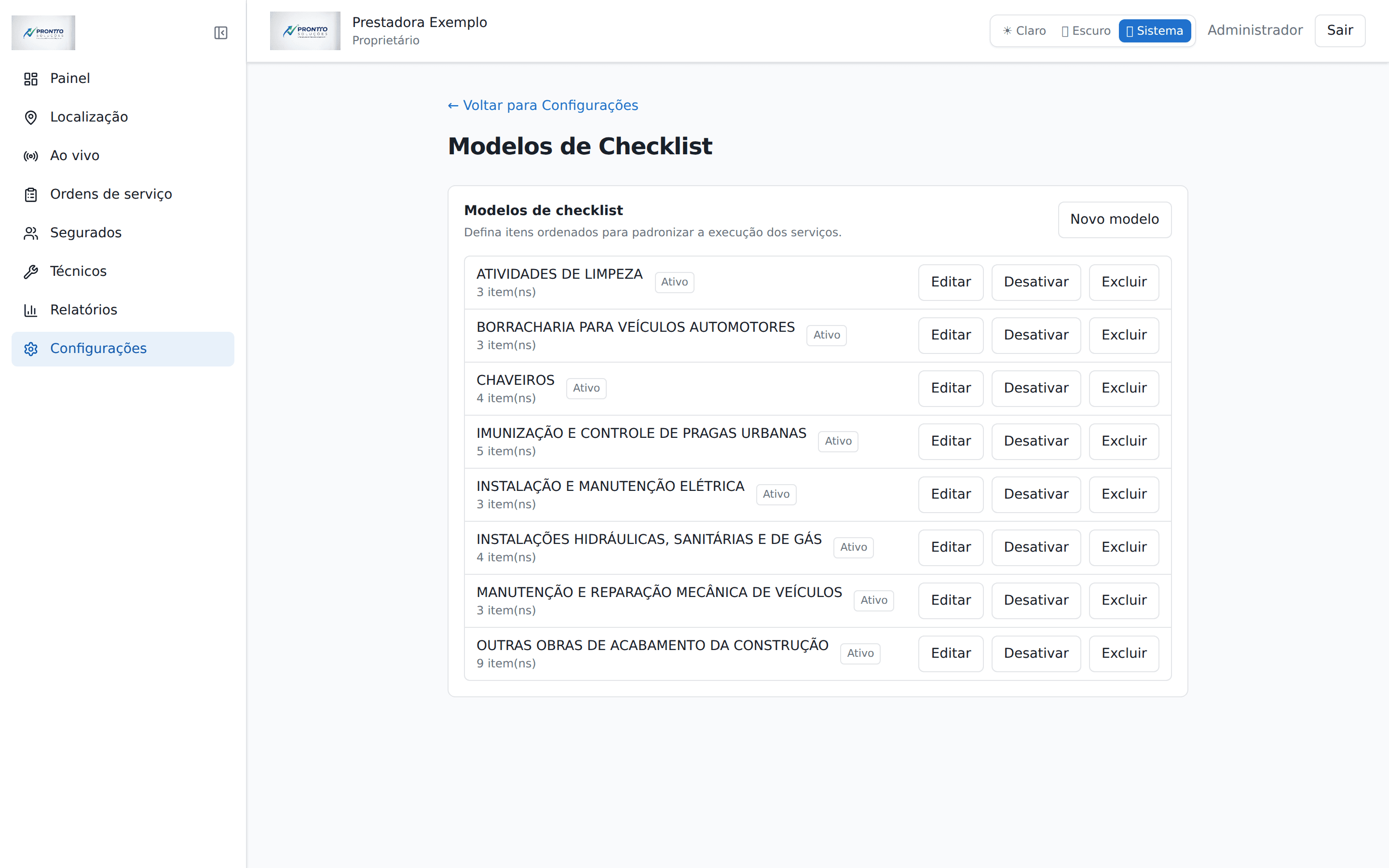 Tela do Prontto: Modelos de checklist