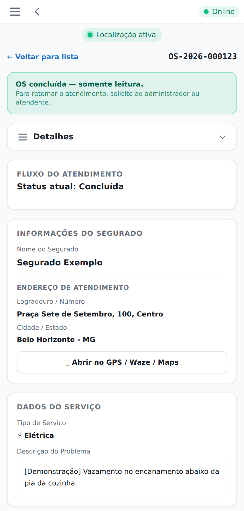 Tela do Prontto: OS no app do técnico