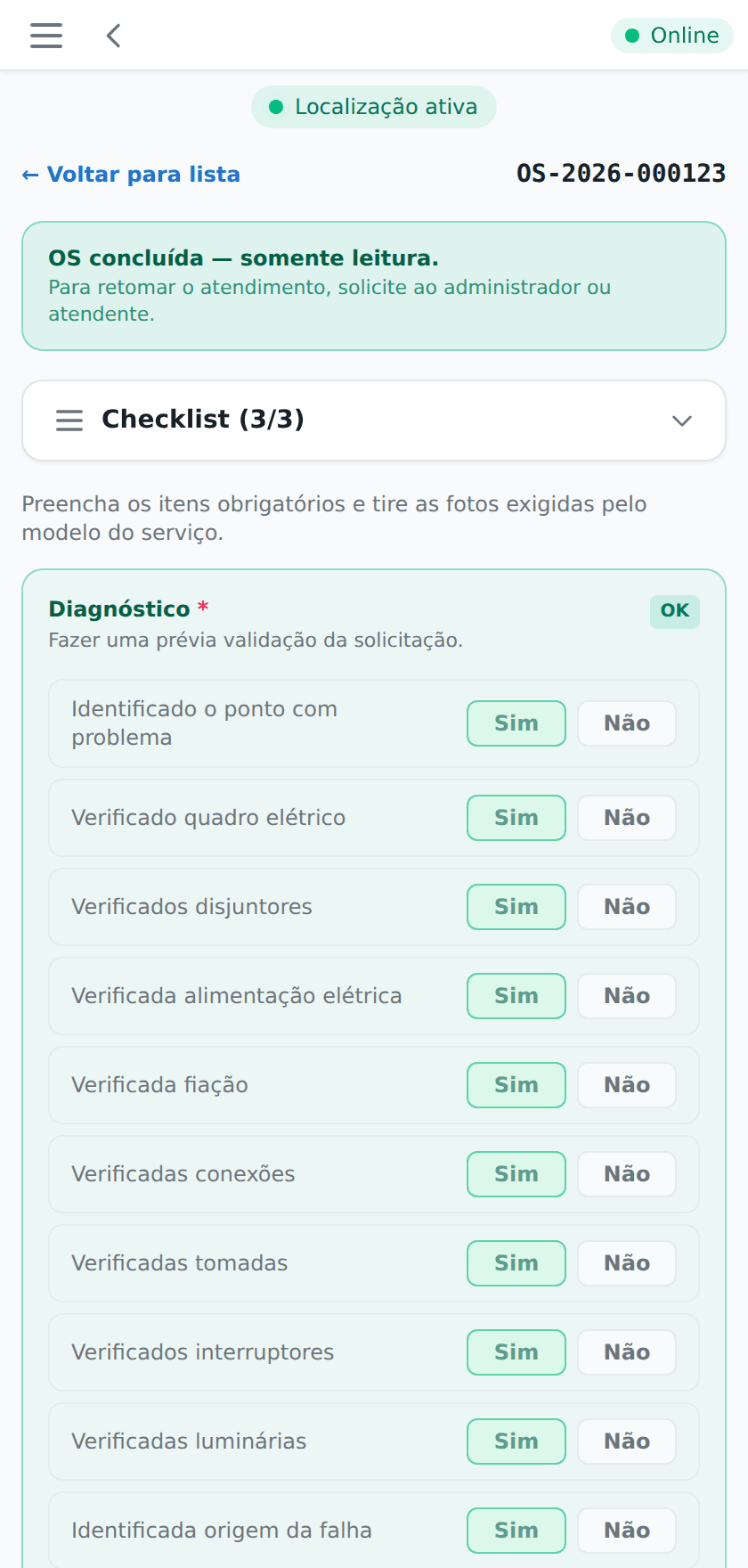 Tela do Prontto: Checklist e fotos