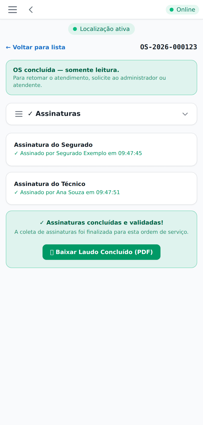 Tela do Prontto: Assinatura digital